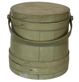 C380 19th century green painted Wooden Firkin, tongue and groove softwood staved sides, tapered lap joint wood bands with small tacks, bent wood handle attachments. The green paint is over the original gray.  Measurements are: 11 diameter top x 12 tall.  