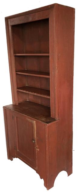 E12 19th Century Virginia painted pine Stepback Cupboard circa 1800 with picture frame molding retaining original red paint, dovetail slots for spoon, on bottom shelf , with plate grover on each shelf, nice high bracket cut out base. From the Palmer collection Purcelliville Virginia 1997 Measurements are 74 1/2" tall x 32 1/2" wide x 17" deep