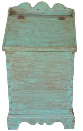 F178 Lancaster County Pennsylvania dovetailed Storage Bin, old blue paint over the original red. With a fall front, lift lid hinged, applied scalloped galley and base it is dated on the back