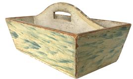 F66 Late 18th century New Hampshire, wooden Cutlery Box, in the original oyster white with blue painted decoration with a high arched cut out handle, splayed dovetailed case and one-board bottom held in place with small tee nails. Circa 1790 in original uncleaned surface. Measurements are: 13 1/2" x 8" wide x 6" tall