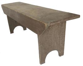 E287 19th century double mortised Wash Bench in dark salmon paint, high arched cut out foot with two stretchers on the back for support, very sturdy,circa 1840 Measurements are: 520" long x 18" tall x 12 1/2"