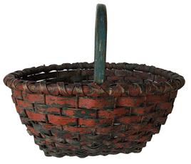 E500 Late 19th century Oak splint clam basket, with original blue and red paint, wire holes in bottom for drainage, and worked up the sides for strength, steam and bent notched handle, double wrapped rim c 1890, Measurements are:13" tall x 16" diameter