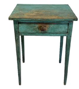 M325 19th Century Pennsylvania Hepplewhite one drawer stand featuring tall, delicately tapered legs retaining its old robin egg blue painted surface. The drawer is dovetailed front and back. Square head nail construction. Circa 1840s. Measurements: 21 5/8 wide x 18 ¾ deep x 29 5/8 tall.