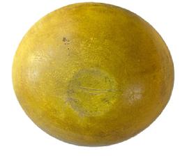 L32A Early 19th century wooden bowl bearing its beautiful yellow painted surface with great wear and natural patina interior. Bowl is out of round at 17 ½ x 15 ¾ diameter with 5 3/8 tall sides.