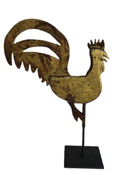 **SOLD** M115 Late 20th century American Folk Art hand carved and painted Rooster Weathervane. Pine wood and early tin construction bearing its original gold over red painted surface. Carved by Folk Artist, Steve Hazlett. Mounted on a metal base for display purposes. Measurements: Base is 6 x 5 ¼. Rooster measures 14 ½ deep x ~3/4 thick. Overall mounted height is 20 ¾ tall.