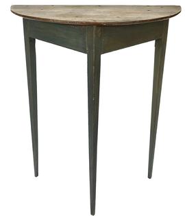 **SOLD** RM1549 Late 18th century Eastern Shore, Virginia very unusual Hunt Table, or Slab, with demilune shaped top secured with rosehead nails. The base bears an early blue painted surface. The tall, tapered Hepplewhite legs are joined to the apron by mortise and tenon joints and are fully pegged. All original. Circa 1780  1800. Measurements:  33 wide x 16 deep x 40 tall.  (34 ½ apron to floor)