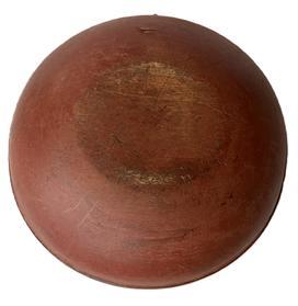 **SOLD** K1858 Early 19th century wooden bowl bearing dry, bittersweet red paint. Nice hand / slow turned lathe marks visible throughout - with a carved band around top edge. Great natural patina interior with visible chop marks and wear indicative of years of use. Out of round. The make-do hanger is constructed from an old piece of heavy wire. Measurements: 16 ¼ x 16 ½ diameter. The sides are 4 ½- 4 ¾ tall depending on where measured.