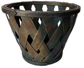 F148 Shaker Peach Basket has a gorgeous green painted surface. The Basket is hand woven with thick oak wooden slats in a diamond pattern and is well constructed and heavy. There is a circular oak wooden bottom board. The bentwood bands are secured by age appropriate tacks. Measurements: 11 ¼” tall x 14 7/8” top diameter x 9 1/2 “ bottom diameter