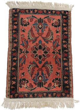 C218 Early Orinial Rug, with a salmon background, medium and dark blue design