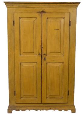 E226 EARLY 19TH CENTURY PENNSYLVANIA PAINTED PINE LINEN CUPBOARD,( circa 1820) signed on the back Erie Penn, with applied cornice molding over two beautiful raised-panel doors, concealing four fixed shelves and a single dovetailed drawer, The Cupboard is raised on an applied scalloped bracket-foot base. Retains it's original mustard-painted surface with the interior of the doors painted gray. Measurements are 60 1/4" High , 39 1/4" Wide, 16" Deep .