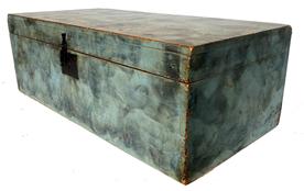 F208 19th century blue paint decorated storage Box beautiful smoke decoration and dovetailed case. Measurements: 30" wide x 15" deep x 10 1/4" tall