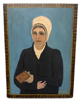 M192 Folk Art painting by Arthur E. Glazier (East Berlin, Pennsylvania, 1928-2015). Oil painting on a reclaimed wooden bread board depicting a Lady wearing a bonnet and dark clothing holding a book in her left hand. The border is painted to appear as if it bears a paint-decorated frame. Artists signature - A. Glazier - signature in the bottom right corner. Measurements: 17 ¾ wide x ¾ thick x 24 tall.