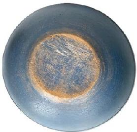 J421 19th century wooden bowl with lipped rim, distinct turnings and slightly tapered / raised foot bearing a beautiful original blue painted surface and natural patina interior with evidence of slow turnings and chop marks from use. Slightly out of round. Very sturdy with tight age crack to rim. Measurements: 14 ½ x 15" diameter (out of round) x 3 ¾ tall.