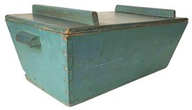 C518 A fine early 19th century Pennslyvania Dough Box in an undisturdeb blue paint, dovetailed case and a removable lid, with applied handles circa 1810 Measurements 30" long x 11 1/2" tall x 14 1/2"
