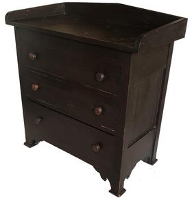 E403 19th Century Virginia three drawer Chest, circa 1850 retaining the old brown surface, having an overhanging top with shaped applied gallery, over three drawers, resting on a pad feet, with a scalloped base, the wood is yellow pine, beautiful chamfered panel back all original Measurements are: 33 1/2" h., 31" w. Provenance: A Maryland collection. C