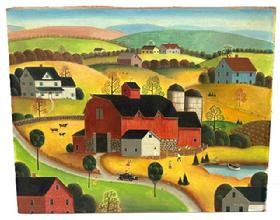 **SOLD** M330 Original 20th century oil on canvas Folk Art Autumn Barn / Farm painting signed in lower right corner by the well-known Long Island Folk Artist Steve Klein (b. 1965). This fantastic painting depicts a large central Barn with cows and domestic geese among rolling hills with a nearby pond with an early motorcar passing by. NOTE: Steve's works have been reproduced for cards, puzzles and many limited-edition prints. This is an ORIGINAL. Unframed. Measurements: 20 wide x 16 tall.