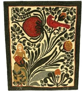 M1126 Fantastic identified, dated and award winning Mid-Atlantic hand-hooked rug featuring a woman in a garden with a large red bird and oversized strawberries along with the initials JTK and date 2008 being hooked along the bottom edge. A First-Place Blue Ribbon dated 2008 from the Maryland State Fair Timonium is attached. Vibrant colors of wool strips are tightly hand hooked on Monks cloth. Mounted and ready to hang. This pattern is known a Strawberry Blonde by Carriage House Samplings. Measurements: 30 ½ wide x 36 ½ tall. (JTK = Julie T. Kappler).