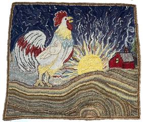 M323 Excellent early 20th century Hand-hooked Rug from Maine depicting a Rooster crowing at the rising morning sun with a house in the distance with smoke from a cozy morning fire escaping the chimney. Vivid colors of various wool fabrics are very tightly hooked on old burlap. The makers creative placement of colors adds a feeling of depth to the overall scene. A border of multiple rows of browns creates the appearance of a frame to this unique rug. Not mounted. Measurements:40 ½ wide x 36 ½ tall.