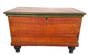 SB25 Exceptional mid-19th century Lancaster County, Pennsylvania miniature paint decorated blanket chest retaining its original overall mottled and stripe mustard paint decorated surface with applied original green painted molding around the lid. Six board, finely dovetailed construction with square head nails securing the bottom. Molded edges surround the top and bottom, as well as along the edge of the lidded til inside. Clean, natural patina interior. The wood is pine with applied turned walnut feet. Original hardware, including lock and key. Circa 1840s 1860s. Measurements: 18 wide x 11 deep x 11 ¼ tall.