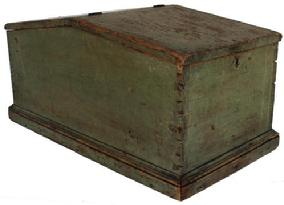 C548 18th century Lancaster County, Pennsylvania Country Store Counter Desk, with the original beautiful well worn sage green paint, with a dovetailed case, with a slanted hinges lid, very unusual form, the wood is white pine circa 1790 -1810