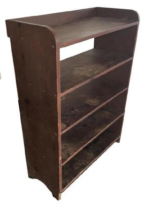 B303 19th century Bucket Bench from south eastern Pennsylvania, with the original dry red paint. The shelves are one board mortised into the one board sides. All square nail construction, circa 1840. Measurements are 17 1/2" deep x 38" wide x 53" tall