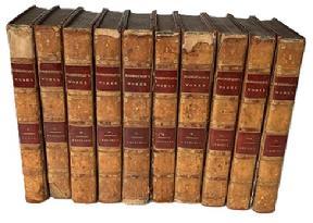K1836 Complete 10 Volume Set of leather-bound books with marbled edge pages entitled The Works of William Robertson, D.D. printed in 1821 which is prefixed with An Account of his Life and Writings by Dugald Stewart, F.R.S. EDIN. Each book measures 5 ½ wide x 8 ½ tall.