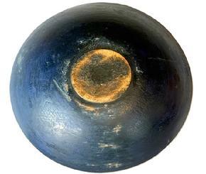 L141 Spectacular 19th century New England soldier blue over original blue painted wooden bowl boasting a crisp lipped rim tapering downward to rest on an ever so slightly raised foot. The natural patina interior shows typical minor abrasions and chop marks from years of use. Slightly out of round. Measurements: 12 ¾ x 12 diameter (out of round). 2 ¾ 3 tall, depending on where measured. Footed area measures: 4 x 3 ½.