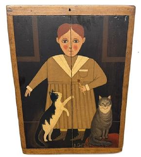 M190 Folk Art painting by Arthur E. Glazier (East Berlin, Pennsylvania, 1928-2015). Oil painting on a reclaimed wooden breadboard depicting a young girl in a striped mustard dress with 2 cats - a black and white one and a grey tabby. Artists signature A. Glazier - along the bottom. Measurements: 17 ¼ wide x ¾ thick x 23 tall.