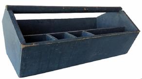 E121 Late 19th century Tool Carrier/ Carpenter's Tote, wonderful worn weathered original blue paint. nice high shaped half moon ends , A deep well outfitted with sections for various tools. A slot is cut in one end for long saw blades. true Country Classic with beautiful blue paint Measurement are: 26" long x 14 1/2" wide x 11 1/2" tall