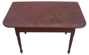 U194  Pennsylvania one board top  Work Table, with old dry red over the original red paint.  31 1/2" wide one board top with two batons. very gracefully turned legs, circa 1800-1820 26 1/2" tall x 31 1/2" wide x 48" long