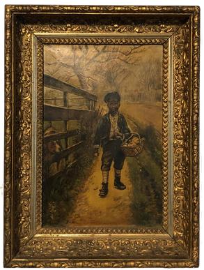 E526 19th century E.L.H.ANTIQUE FOLK ART PAINTING, BLACK BOY CARRYING BASKET OF RABBITS IN ONE HAND AND STONE IN OTHER SIGNED E. L. H.This wonderful Folk Art style oil painting on canvas shows a young black boy walking down a path carrying a basket with two Rabbits and some vegetables . There is a dog peering through a fence as he is walking by. The painting in is very good condition, looks like it has been professionally relined on linen, looking from the back. the paining is in a period frame , also in very good condition. Signed with the initials " E. L. H. " Edward Lamson Henry, Born in Charleston, South Carolina, on January 12, 1841, He became a noted painted of super-realistic scenes of early 19th century rural America. The frame meas. approx. 18" X 24" and the painting meas. approx. 12" X 18".