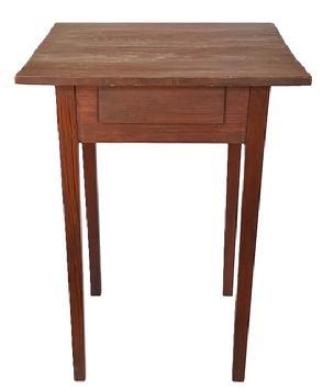 R423 Mid-19th century North Carolina Hepplewhite one-drawer stand with dry red wash. All southern heart pine, mortised and pegged, two board top, held in place with square head nails. Drawer is nailed construction and never had a knob. From a private collection in Hillsboro, North Carolina. Circa 1850. All original. Measurements are 22 ¼ wide x 21 ¼ deep x 30 ¼ tall