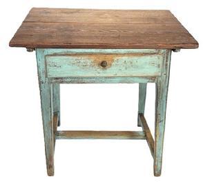 L377 Late 18th century Eastern Shore, Maryland one drawer pin-top stretcher base Worktable with early blue painted base and scrubbed top. The legs and stretcher base are fully mortised and wooden pegged construction. Beaded edges adorn the corners of each leg. The drawer and the drawer stretcher are dovetailed. The removeable two board top has dovetailed stretchers and is secured to the base with four long wooden pins. The wood is yellow pine. Circa 1790-1800. Measurements: 28 ½ wide x 23 deep x 27 ½ tall.