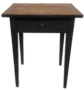 F161 Lancaster County, Pennsylvania Hepplewhite one drawer stand with dovetailed drawer in original black paint. Wonderfully tapered legs and square nail construction. Measurements: 23 5/8" wide, 19 1/2" deep, 28" tall