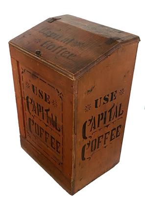 F192 19th century American painted wooden advertising bin with hinged lid , stenciled Use Capital Coffee on front and The Ohio Coffee & Spice Co. / Columbus, Ohio top. Red and Black painted "Capital Coffee" Bin - Stenciled on top: "The Ohio Coffee & Spice Co.
