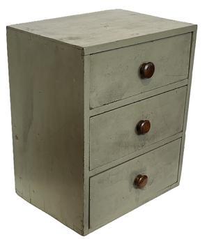 K1541 Early 19th century New England set of three drawers bearing original gray painted surface. Dovetailed drawers and dovetailed case construction. Very sturdy. Circa 1840s-1850s. Measurements: 20 wide x 14 ¾ deep x 24 ½ tall.