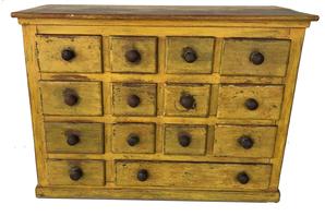 E202 19th century fourteen drawer, Apothecary Cabinet / spice cabinet , with beautiful yellow paint, very unusual drawer lay out, with having a lager drawer and small drawer on bottom row. The wood is walnut with nailed drawers, Measurements are 9 1/8 deep x 20" wide x 15" tall