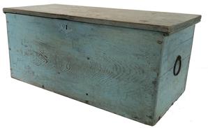 E27 Wonderful New Englan folk art Navel 18th century Sea Chest, with the original blue paint,canted sides hand planed six board rose head nail construction, the interior is lined with a New Jersy Newspaper dated 1830, remains of a hand painted Eagle on Lid Measurements are 32 1/2" x 15" deep x 15" tall