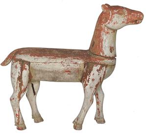 V460 Folk Art Carved Wood Deer early 19th C This Beautifully Hand-made, Hand-carved Wooden Deer still retains weathered old white paint over the original red. It is pegged and screwed constructed,There are two holes where the antlers where, The feet even have dewclaws and split hooves, as you can see in the photos (founded in Maryland possible Pennsylvania). A great addition to any Folk Art collection 38" long x 33" tall x 8 1/2" wide