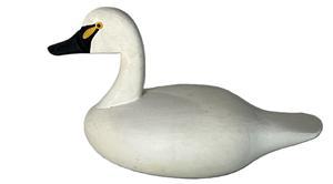 **SOLD** K1798 Miniature hand carved swan decoy signed �Capt. Rog. Urie� �Rock Hall Md� and the word �swan� handwritten on bottom. Approximate measurements: 6 &frac14;� long x 2 &frac34;� wide x 3 &frac12;� tall.  
