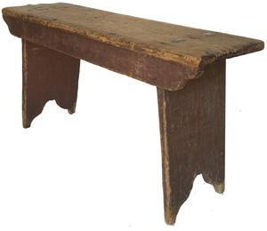 E95 Early 19th country York County Pennslyvania double mortised splay leg Bench, unclean red painted surface, nice cut out ends, one board square head nail construction, Measurements are: 37 1/4" long x 19 1/2" tall X 11 1/2" deep