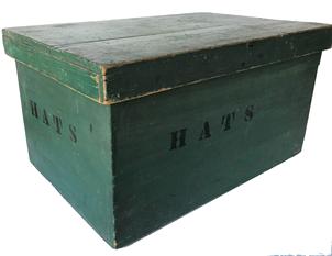 F24 19th century New England green painted Hats box, in the original green paint with the 'HATS' in black letters on all sides. This type of box was used in a General Store. Nailed construction with square head nails.