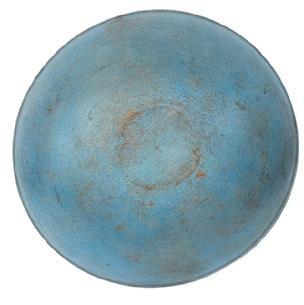 L32 Early 19th century wooden bowl bearing its beautiful original light blue painted surface. Nice hand / slow turned lathe marks visible throughout with a carved lipped band around top edge and great natural patina interior. Bowl is out of round at 16 12 x 17 ¼ diameter with 4 ¾ 5 ¼ tall sides, depending on where measured.