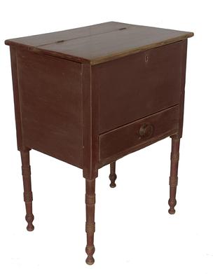 F19 Mid 19th century rare Sugar Chest likely Virginia, poplar wood in red paint, open interior compartment, with a single dovetailed drawer, One board construction the case is resting on very gracefully turned legs .. The top is hinged as a single board to the back.