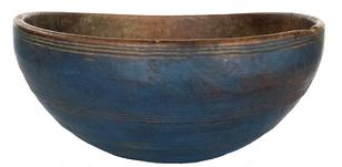 F10 Early 18th century extraordinary deep lathe turned wooden bowl in old blue paint. Bowl is slightly footed and bears four groupings of beautifully concentric incised lines.