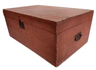 P286 NewEngland original red painted Storage Box with the original attic surface paint, all hardware is intact, the construction is dovetailed, circa 1850 Measurements are: 28" wide x 17 1/2" deep x 12" tall