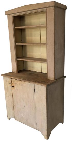 E107 Early 19th century Pennslyvania open top two piece Stepback Cupboard in old dry salmon paint over the original blue/ gray. One board white pine square head and tee nail construction cira 1810 -1820 Single baton door, with nice high cut out feet, the top has applied molding, with a molded beaded edge around opening. Measurements are: 18 3/4" deep x 35" wide x 67 1/2" tall