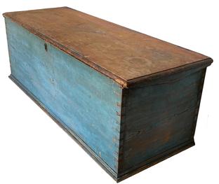 F183 Early 19th Century AMERICAN SEA CAPTAIN'S CHEST In original blue painted surface, one board pine dovetail construction, ditty box and bottle holder interior measurements : 48” wide 17 1/2 tall 18” deep