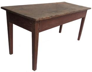 RM1052 Early Eastern Shore, Maryland one board top table with early red paint and hepplewhite legs. Base is mortised and pegged. Top is held in place with square nails. Wood is yellow pine. 48 1/2 long” x 19 7/8” deep x 23 1/4” tall