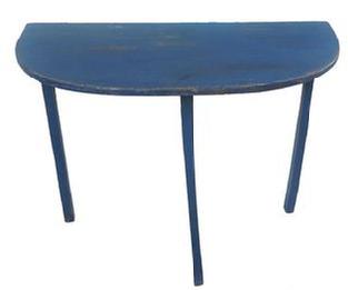 A5 Mid 19th century hepplewhite Lancaster co. Pennsylvania Demi Lune Table with original blue paint. Simple form with a T-shaped base. The center support is mortised into the apron. The wood is pine. Square head nail construction. Measurements: 35" wide x 16 1/4" deep x 28 3/4" tall